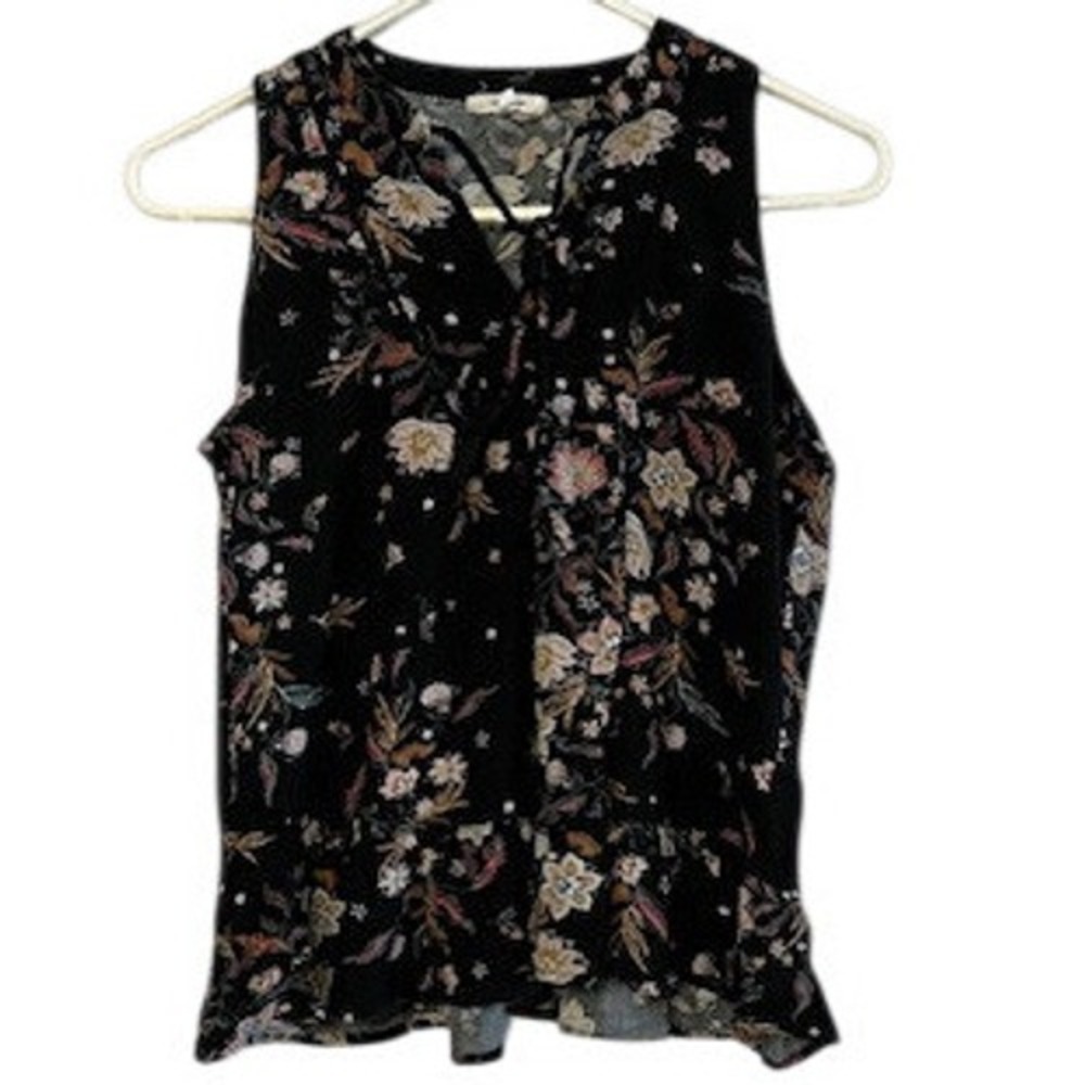 Women Sleeveless Floral Print Blouse Tie Neck Peplum Top Black Multi Color